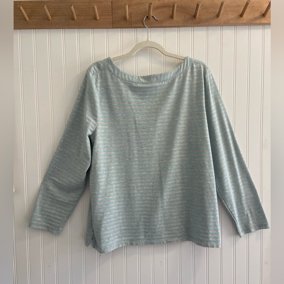 Chico’s Long Sleeve Top Nautical Coastal Stripes Aqua Blue Silver Grey XL 16 - Picture 6 of 6